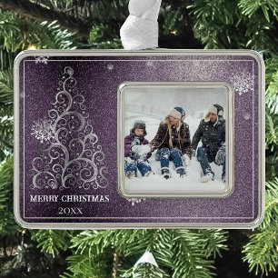 Christmas Tree Glitter and Snowflakes Purple Ornament