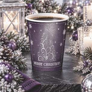 Christmas Tree Glitter and Snowflakes Purple Paper Cups