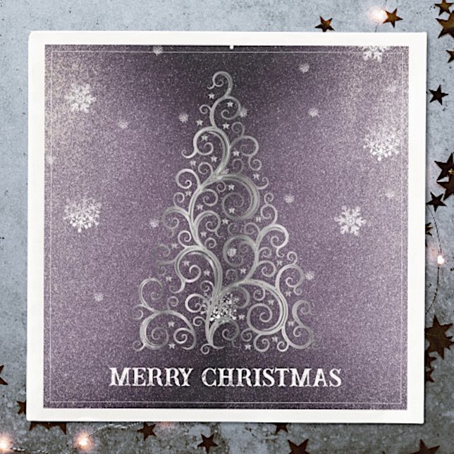 Christmas Tree Glitter and Snowflakes | Purple Paper Dinner Napkins (Purple Christmas Tree Glitter and Snowflakes Napkins)