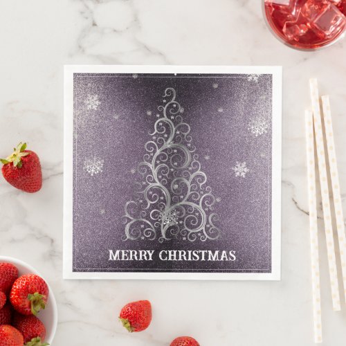 Christmas Tree Glitter and Snowflakes  Purple Paper Dinner Napkins