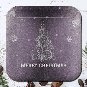 Christmas Tree Glitter and Snowflakes Purple Paper Plates