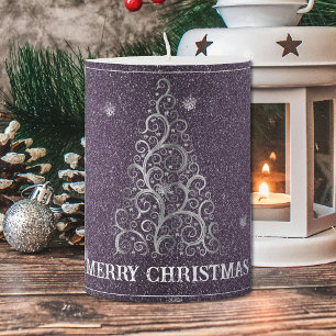 Christmas Tree Glitter and Snowflakes   Purple Pillar Candle
