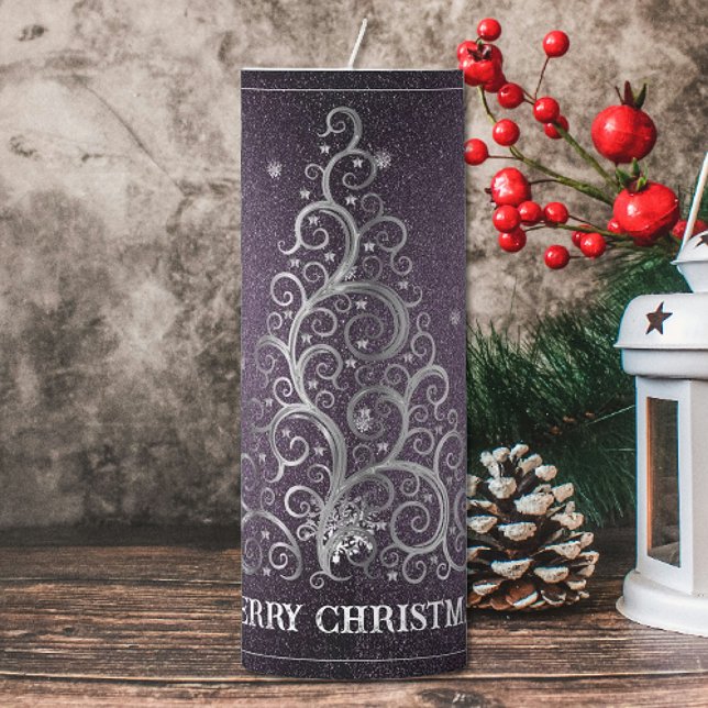 Christmas Tree Glitter and Snowflakes | Purple Pillar Candle (Purple Christmas Tree Glitter and Snowflakes Pillar Candle)