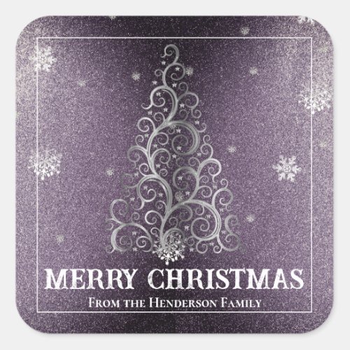 Christmas Tree Glitter and Snowflakes  Purple Square Sticker