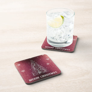 Christmas Tree Glitter and Snowflakes Red Beverage Coaster