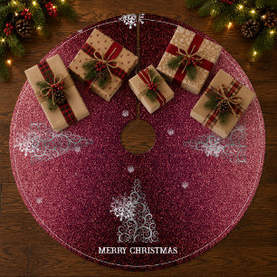 Christmas Tree Glitter and Snowflakes Red Fleece Tree Skirt