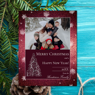 Christmas Tree Glitter and Snowflakes Red Holiday Card