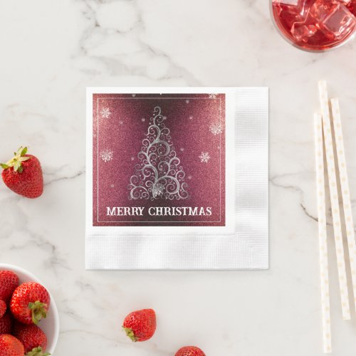 Christmas Tree Glitter and Snowflakes  Red Napkins