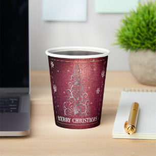 Christmas Tree Glitter and Snowflakes Red Paper Cups