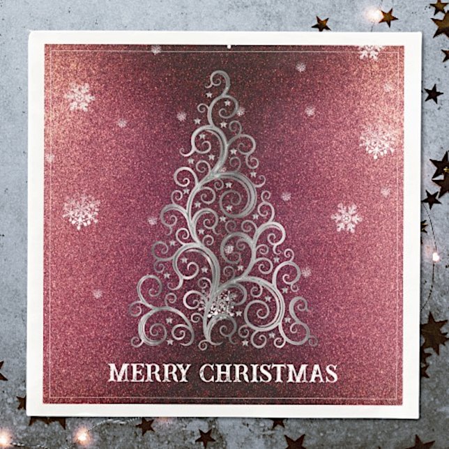 Christmas Tree Glitter and Snowflakes | Red Paper Dinner Napkins (Red Christmas Tree Glitter and Snowflakes Napkins)