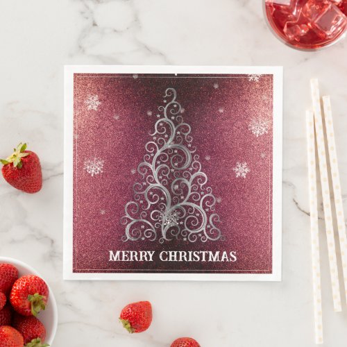 Christmas Tree Glitter and Snowflakes  Red Paper Dinner Napkins