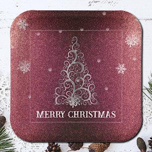 Christmas Tree Glitter and Snowflakes Red Paper Plates
