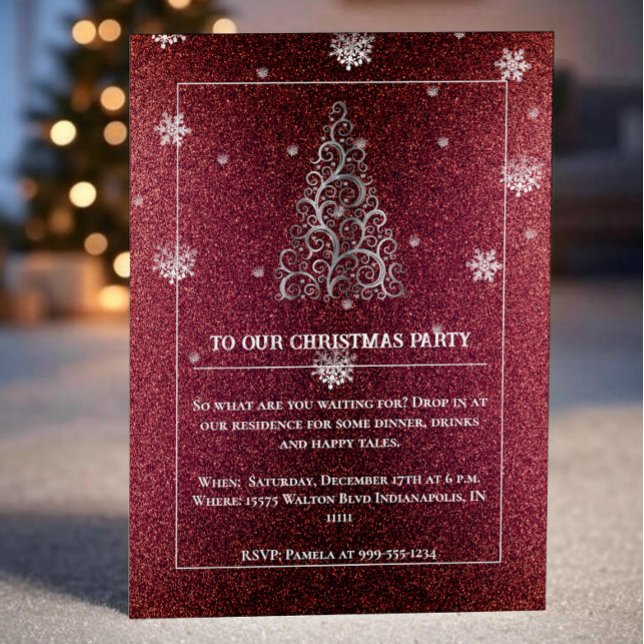 Christmas Tree Glitter and Snowflakes | Red Party Invitation (Red Christmas Tree Glitter and Snowflakes Party Invitation)
