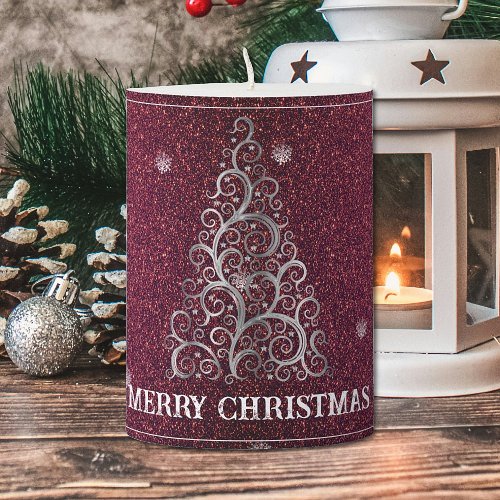 Christmas Tree Glitter and Snowflakes  Red Pillar Candle