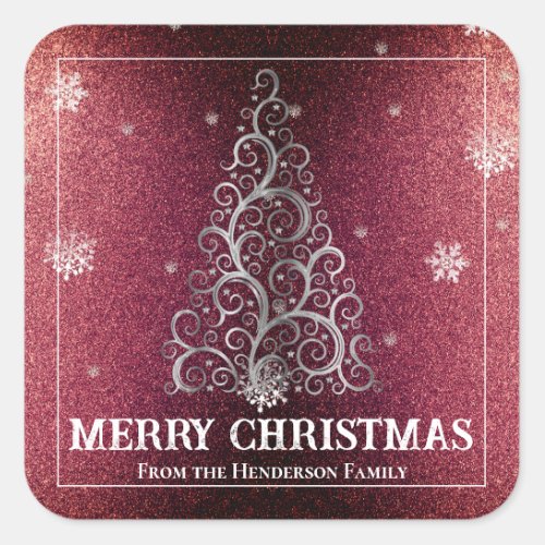 Christmas Tree Glitter and Snowflakes  Red Square Sticker