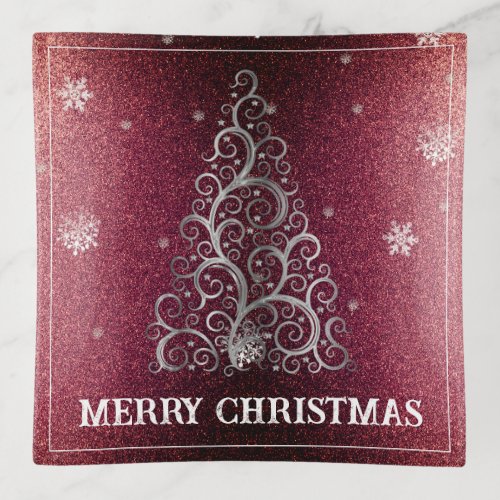 Christmas Tree Glitter and Snowflakes  Red Trinket Tray