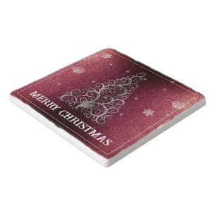 Christmas Tree Glitter and Snowflakes Red Trivet