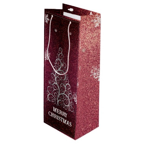 Christmas Tree Glitter and Snowflakes  Red Wine Gift Bag