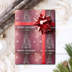 Christmas Tree Glitter and Snowflakes   Red Wrapping Paper