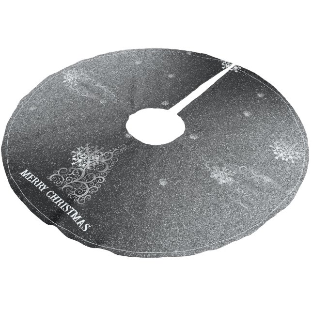 Christmas Tree Glitter and Snowflakes | Silver Brushed Polyester Tree Skirt (Angled)