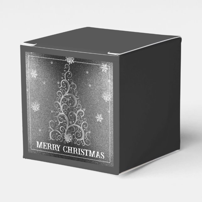 Christmas Tree Glitter and Snowflakes | Silver Favor Boxes (Front Side)