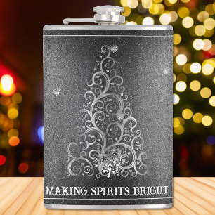 Christmas Tree Glitter and Snowflakes   Silver Flask
