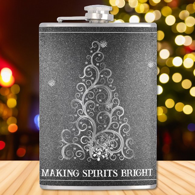 Christmas Tree Glitter and Snowflakes | Silver Flask (Silver Christmas Tree Glitter and Snowflakes Flask)