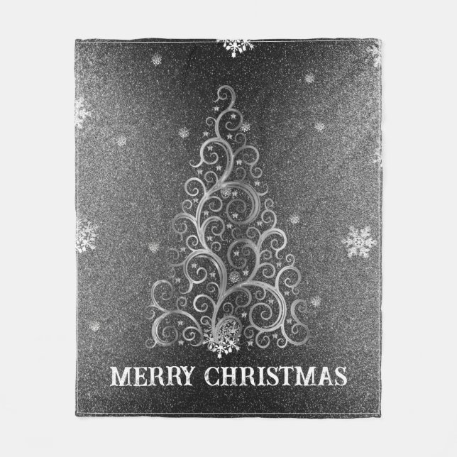 Christmas Tree Glitter and Snowflakes | Silver Fleece Blanket (Front)