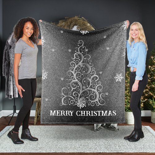 Christmas Tree Glitter and Snowflakes  Silver Fleece Blanket
