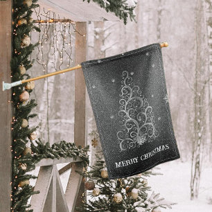 Christmas Tree Glitter and Snowflakes Silver House Flag