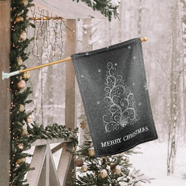Christmas Tree Glitter and Snowflakes | Silver House Flag (Silver Christmas Tree Glitter and Snowflakes House Flag)
