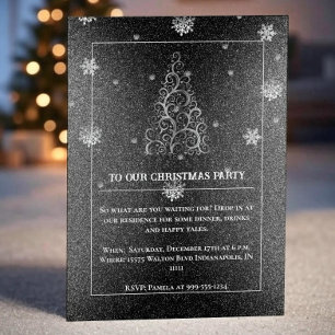 Christmas Tree Glitter and Snowflakes Silver Invitation