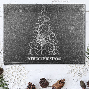 Christmas Tree Glitter and Snowflakes   Silver Kitchen Towel
