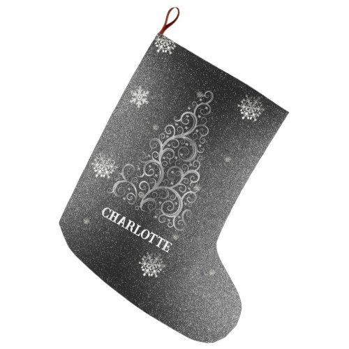 Christmas Tree Glitter and Snowflakes  Silver Large Christmas Stocking