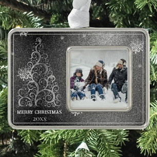 Christmas Tree Glitter and Snowflakes Silver Ornament