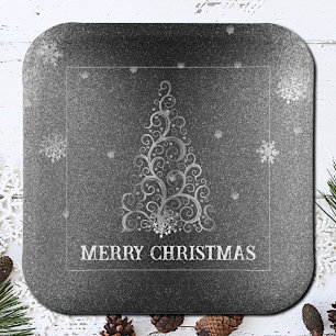 Christmas Tree Glitter and Snowflakes Silver Paper Plates