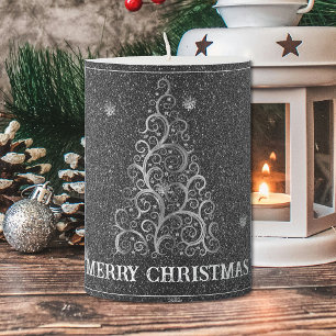 Christmas Tree Glitter and Snowflakes Silver Pillar Candle
