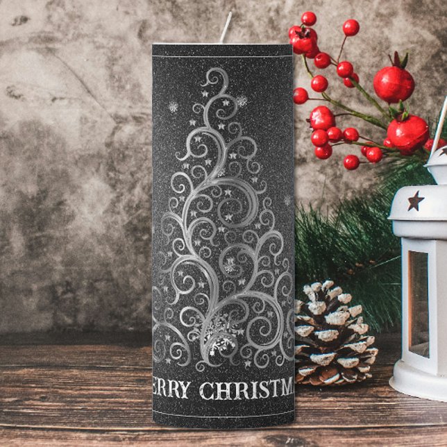 Christmas Tree Glitter and Snowflakes | Silver Pillar Candle (Silver Christmas Tree Glitter and Snowflakes Pillar Candle)