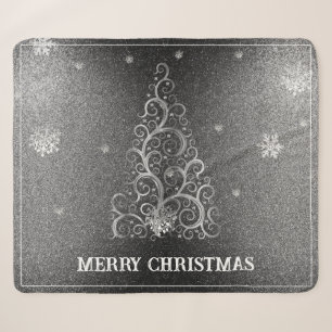 Christmas Tree Glitter and Snowflakes Silver Sherpa Blanket