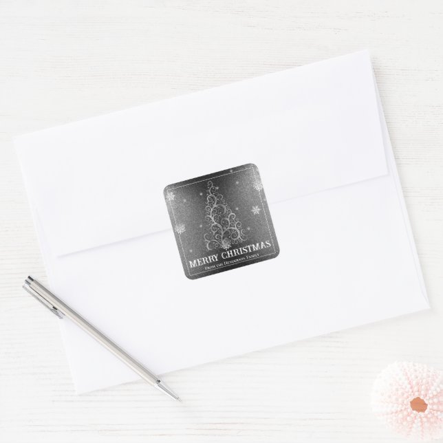 Christmas Tree Glitter and Snowflakes | Silver Square Sticker (Envelope)