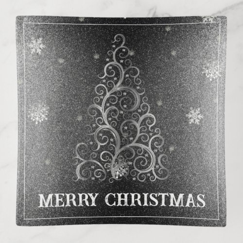 Christmas Tree Glitter and Snowflakes  Silver Trinket Tray