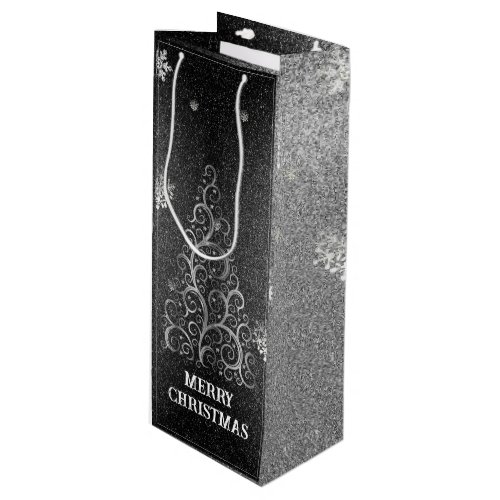 Christmas Tree Glitter and Snowflakes  Silver Wine Gift Bag