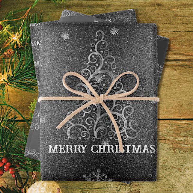 Christmas Tree Glitter and Snowflakes | Silver Wrapping Paper Sheets (Creator Uploaded)