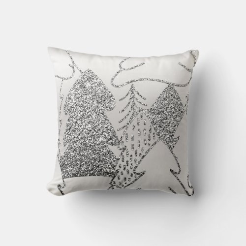 Christmas Tree Glitter Gray Metallic Silver Wood Throw Pillow