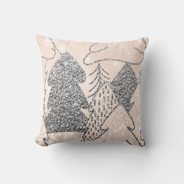 Christmas Tree Glitter Silver Gray Winter Peach Throw Pillow (Front)