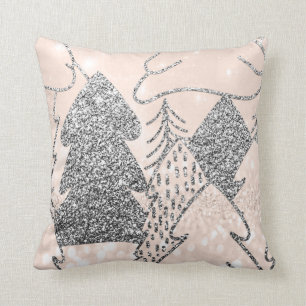 Christmas Tree Glitter Silver Gray Winter Peach Throw Pillow