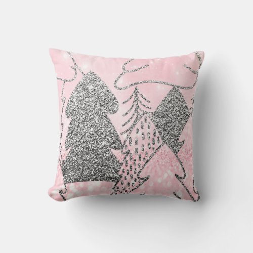 Christmas Tree Glitter Silver Gray Winter Pink Throw Pillow