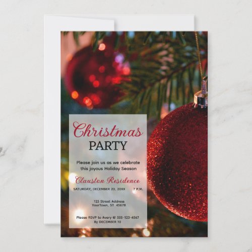 Christmas Tree Glittery Red Ornaments Xmas Party Invitation