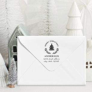 Christmas Tree Globe Family Name Return Address Rubber Stamp