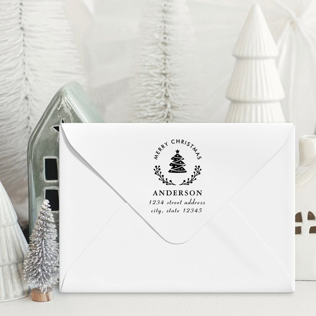 Christmas Tree Globe Family Name Return Address Rubber Stamp (Creator Uploaded)